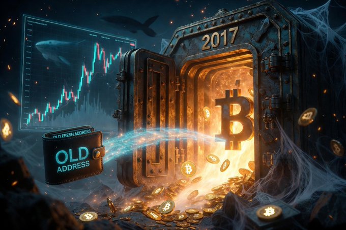 A glowing Bitcoin vault marked "2017" bursts open to release golden BTC coins, with a whale silhouette and a candlestick chart in the background alongside an "OLD ADDRESS" label, visually representing the reawakening of a long-dormant Bitcoin wallet that just moved 5,908 BTC ($383 million) to a new address.