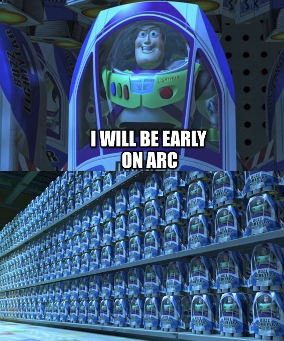 A meme featuring Buzz Lightyear toys on shelves with the text 'I WILL BE EARLY ON ARC' overlaid.
