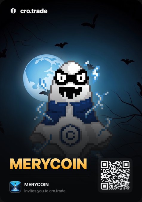 A pixel art promotional graphic for 'MERYCOIN' on cro.trade, featuring a ghostly figure with a Cryptopunk-style face under a full moon, with a QR code and 'MERYCOIN invites you to cro.trade' text.
