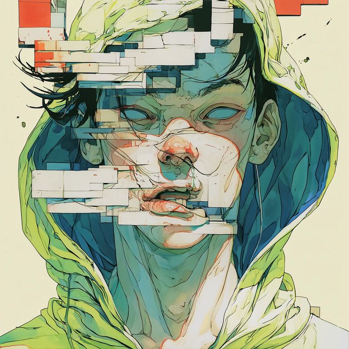 A stylized digital illustration depicts a hooded figure whose face is fragmented by glitchy rectangular blocks in orange, white, and blue hues, evoking a distorted 8-bit aesthetic. The glitch effect cleverly merges with the post's question "Is this an 8?" as the fragmented shapes across the face abstractly resemble or obscure a numeric figure.