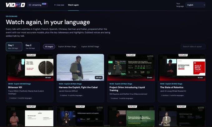 Screenshot of the VidioRIO streaming platform's 'Watch again, in your language' page, showing on-demand tech talks including 'Bittensor 101', 'Harness the Exploit, Fight the Cabal', 'Project Orion: Introducing Liquid Training', and 'The State of Robotics'.