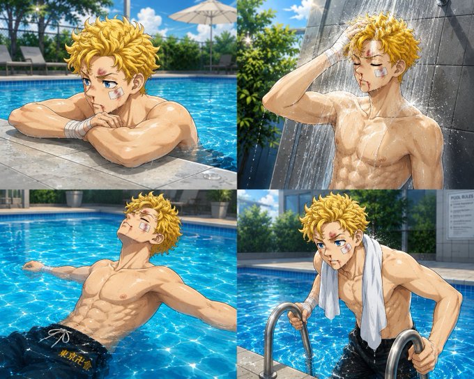 The image features a cartoon man with blonde hair who appears to be enjoying his time at a swimming pool. He has tattoos on his arms, which adds to his unique appearance. There are four different pictures of him in various poses around the pool area, showcasing his relaxed and carefree attitude. The post also includes text that reads "Good afternoon Fren Very hot weather I took a bath many times today, beacuse weather is very cool keep push hard on hot weather @NomismaNetwork @useTria @wallchain @TheARCTERMINAL Are you enjoy this weather?". This message seems to be related to the image of the man in the pool.