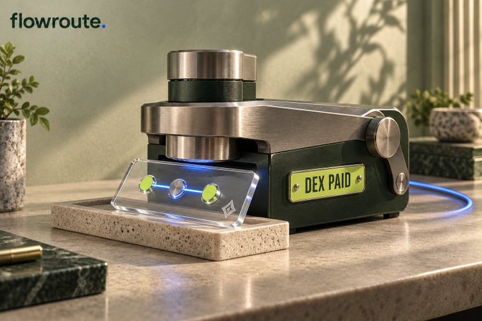 An advertisement image showing a metallic card processing device labeled "flowroute." and "DEX PAID" processing a transparent card on a kitchen counter.