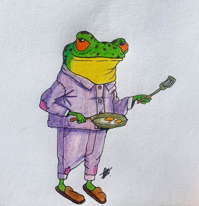 A watercolor illustration of an anthropomorphic green frog wearing purple pajamas, holding a frying pan with fried eggs and a spatula.