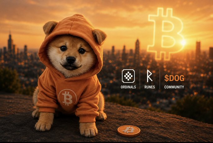 A Shiba Inu dog wearing an orange hoodie with a Bitcoin logo sits on a rock overlooking a city at sunset, with a glowing Bitcoin symbol in the sky and logos for 'ORDINALS,' 'RUNES,' and '$DOG COMMUNITY.'