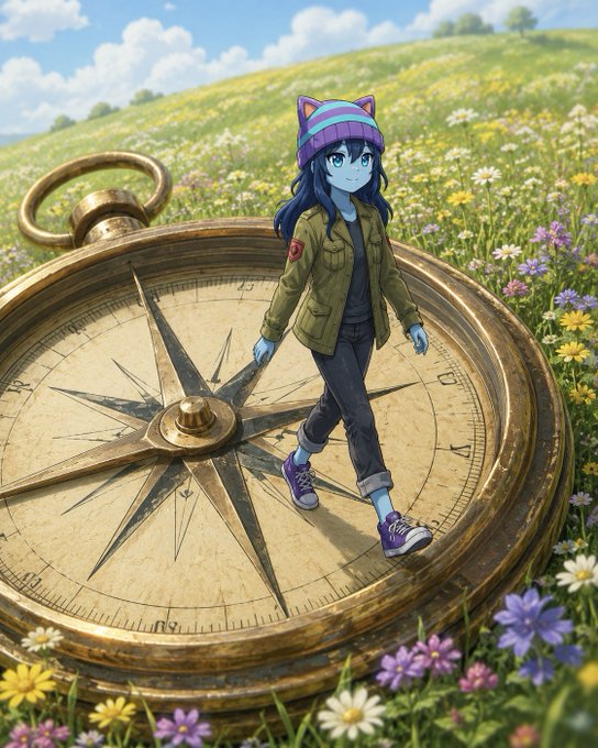 An anime-style illustration of a blue-skinned character with dark hair wearing a striped cat-ear beanie, green jacket, and jeans, standing on a giant brass compass in a field of wildflowers.