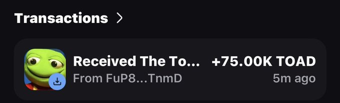 A dark-themed digital transactions notification showing a receipt of +75.00K TOAD tokens from an anonymous wallet address (FuP8...TnmD) 5 minutes ago, accompanied by a Pepe the Frog avatar.