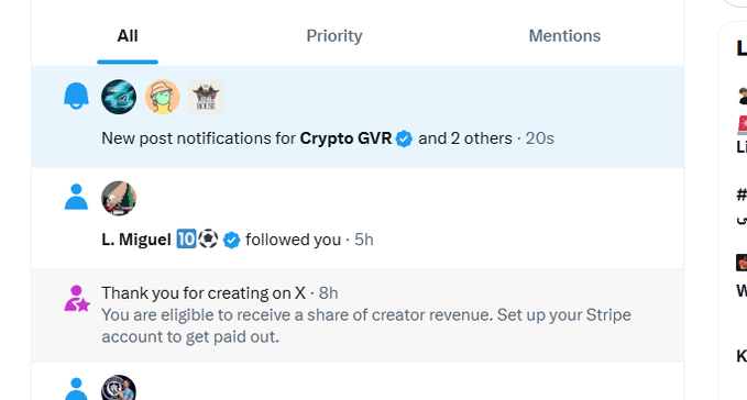 A Twitter/X notifications panel displays alerts including 'New post notifications for Crypto GVR and 2 others,' a follow from 'L. Miguel,' and a creator revenue eligibility message prompting to set up a Stripe account.
