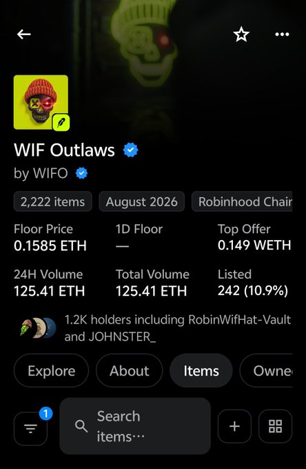 An OpenSea NFT collection page for 'WIF Outlaws' by WIFO on the Robinhood Chain, showing a floor price of 0.1585 ETH, 2,222 items, and 1.2K holders.