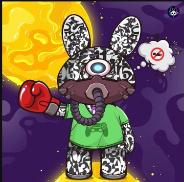 A digital illustration features a black and white patterned bear-like character wearing a green shirt and a red boxing glove, thinking about 'Nooo!' while standing against a purple and yellow background.