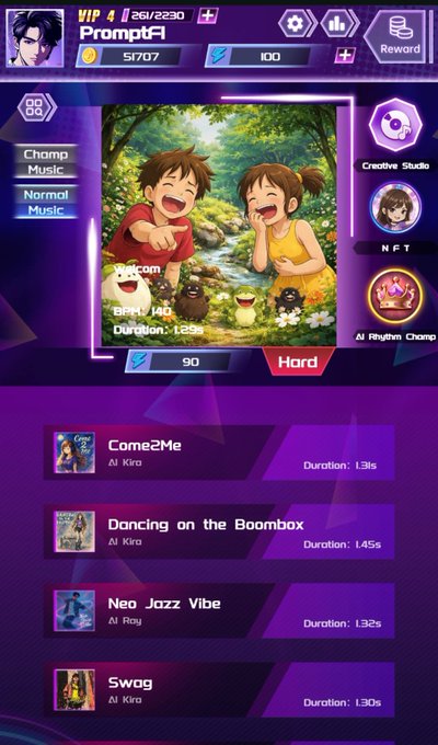 A screenshot of a mobile rhythm game interface called 'AI Rhythm Champ,' showing a prompt featuring an anime-style boy and girl, with various music track options below.