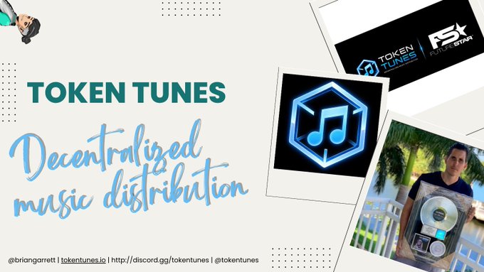 A promotional graphic for "TOKEN TUNES" featuring the tagline "Decentralized music distribution" along with a website, Discord link, and social handles @brianqarrett.