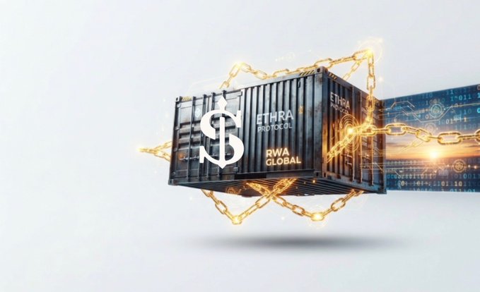 A digital rendering shows a shipping container labeled 'ETHRA PROTOCOL RWA GLOBAL' wrapped in glowing golden chains with a large dollar sign, alongside a futuristic interface displaying code.