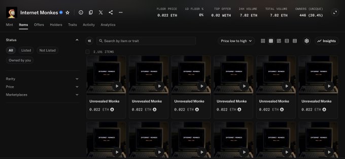 A screenshot of an NFT marketplace showing the "Internet Monkes" collection with a floor price of 0.022 ETH and 2,181 items listed, illustrating the low current floor price that the post mocks sellers accepting at a minimal markup over their supposedly premium entry cost of 0.03+ ETH.