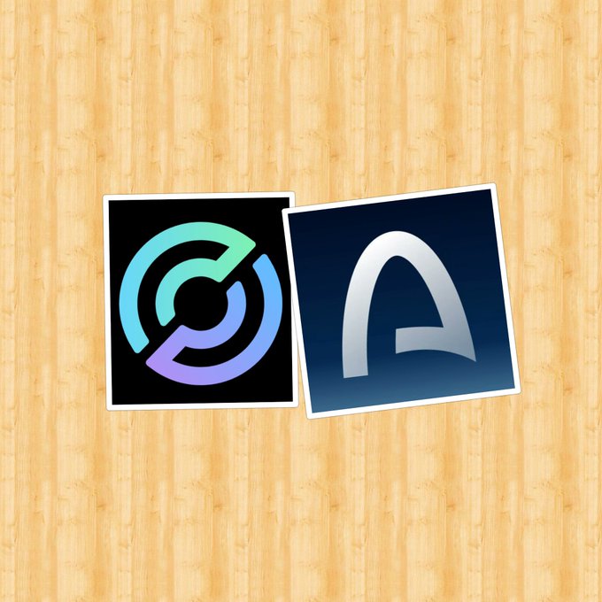 Two app icons displayed on a wooden background - one with a colorful circular logo on black, and another featuring a stylized silver 'A' on a dark blue gradient.