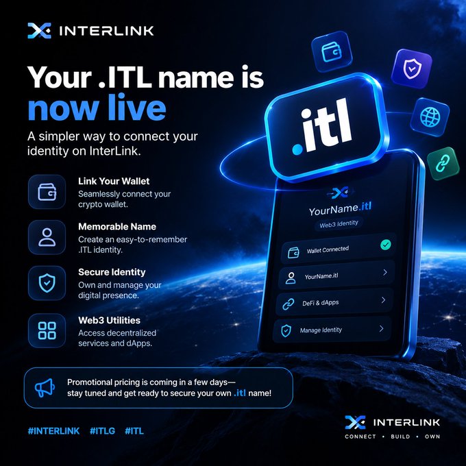 A promotional graphic for InterLink announces '.ITL name is now live,' highlighting features like seamless wallet connection, a memorable .ITL identity, secure identity, and Web3 utilities, with a note that promotional pricing is coming soon.