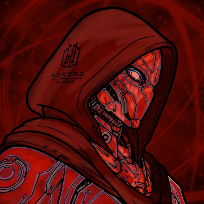 Digital artwork of a red robotic/cyborg figure wearing a hood, with 'HONDRO THE WHITE' text and logo visible on the hood.