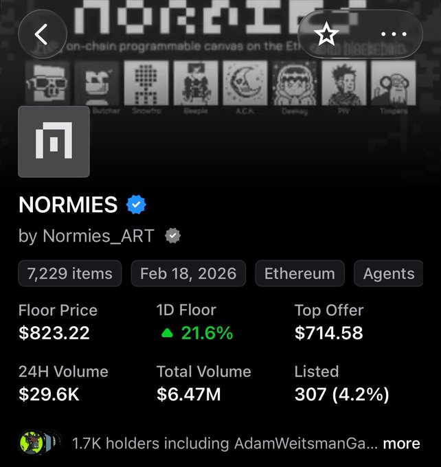 An NFT collection page shows NORMIES by Normies_ART on the Ethereum blockchain with 7,229 items, a floor price of $823.22, and 24H volume of $29.6K.