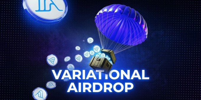 A promotional graphic announces a 'VARIATIONAL AIRDROP' featuring a purple parachute dropping a treasure chest with blue tokens against a dark background.
