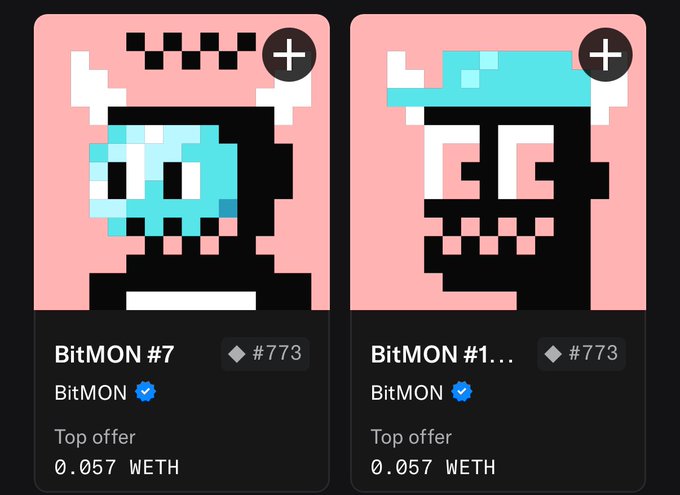 Two pixel-art NFT cards labeled 'BitMON #7' and 'BitMON #1...' displayed on a dark background, both priced at 0.057 WETH (0.773).