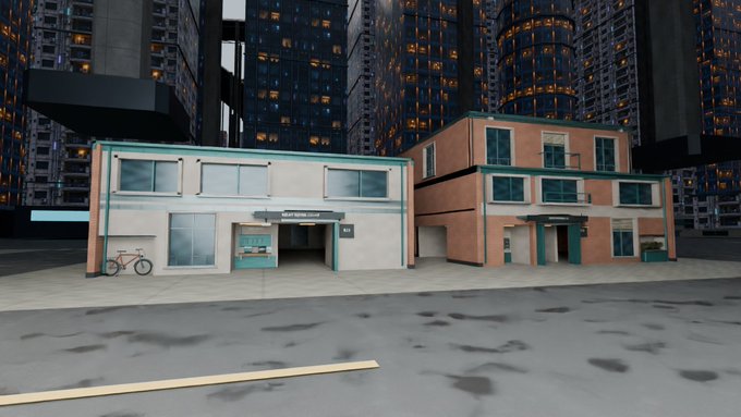 A 3D-rendered scene depicts a small commercial building complex with a bicycle parked out front, set against a backdrop of towering city skyscrapers at night.