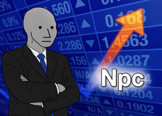 The image features a cartoon depiction of a man dressed in a suit, standing against a blue background with an upward-pointing arrow symbolizing growth or progress. Beneath this figure, there are numbers displayed that appear to be stock market data or financial charts. The caption attached to the image reads "NPC me when i get rich with npc". This suggests that the post is promoting a video game or virtual stock trading simulation where players can accumulate wealth and experience the sensation of becoming rich through various activities within the game, such as investing in stocks and managing assets.