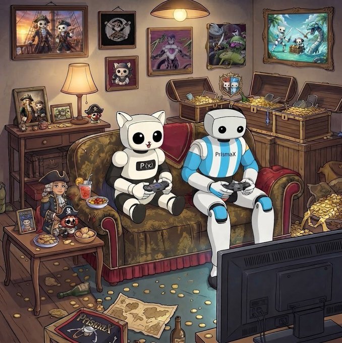 Two robots labeled "P(x)" and "PrismaX" sit on a couch playing video games amid a pirate-themed room filled with treasure, parrot art, and pirate figurines, illustrating the fun and engaging approach PrismaX takes to crowdsourced robotics data verification.