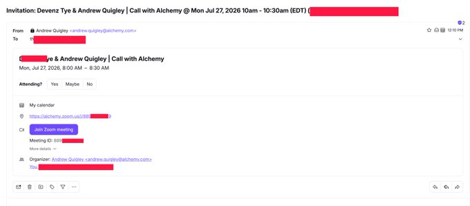 This image shows a calendar invitation for a "Call with Alchemy" on Mon, Jul 27, 2026, featuring Andrew Quigley from alchemy.com. The post explains this is an upcoming call with the Alchemy team and their application approval for the Robinhood Chain × Alchemy Startup Program, a key opportunity to accelerate HoodCard.