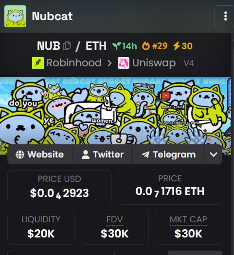 A DEX tracker page for the Nubcat (NUB/ETH) token showing a price of $0.042923 (0.0071716 ETH) with $20K liquidity, $30K FDV, and $30K market cap on Robinhood/Uniswap V4.
