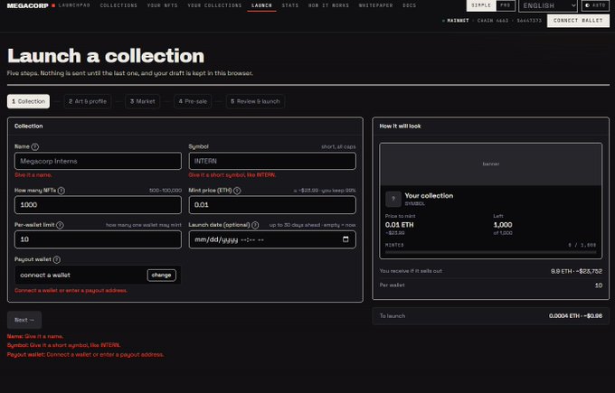 A screenshot of the Megacorp Launchpad interface showing the "Launch a collection" page where "Megacorp Interns" (symbol: INTERN) is being minted with a total supply of 1,000 NFTs, a mint price of 0.01 ETH, and an estimated launch cost of 0.0004 ETH (~$0.86). The page indicates this would be the last collection to be launched from this browser before proceeding to the review and launch stages.

The connection to "$zaibatsu" is unclear—the image depicts an NFT collection launch interface rather than cooking-related content, so the reference to a "zaibatsu" (a Japanese term for a large business conglomerate) doesn't have an obvious link to the Megacorp Interns NFT drop being configured here.