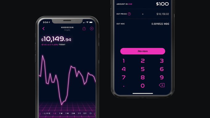 Two smartphone screens display a cryptocurrency trading app showing the MOODENG/CRYPTO price at $10,149.94, with the right screen showing a $100 purchase input and a 'Review' button.