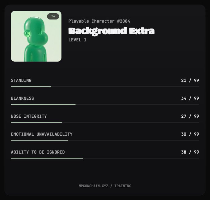 Digital profile card for 'Playable Character #2084 - Background Extra, Level 1' from npconchain.xyz/training, featuring a green figurine and stats like Standing (21/99), Blankness (34/99), and Ability to be Ignored (38/99).