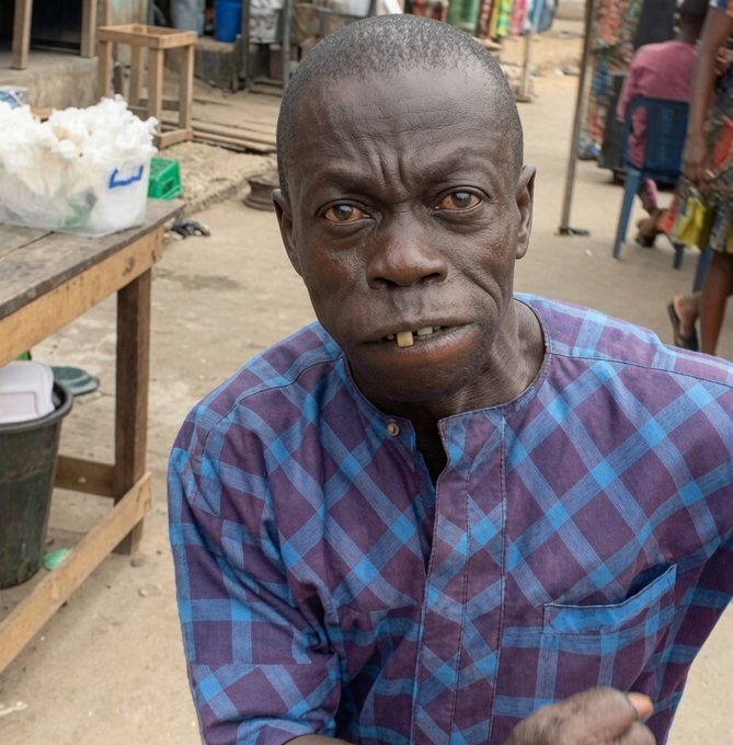 A weary-looking older man in a blue and purple plaid shirt sits in what appears to be an outdoor market, his expression mirroring the grim reality described in the post about crypto investments losing nearly all their value. The contrast between the simple marketplace setting and the message about "wallet demolition" reinforces the post's cautionary tale about utility tokens like $DOT and $ICP becoming "total Dust."