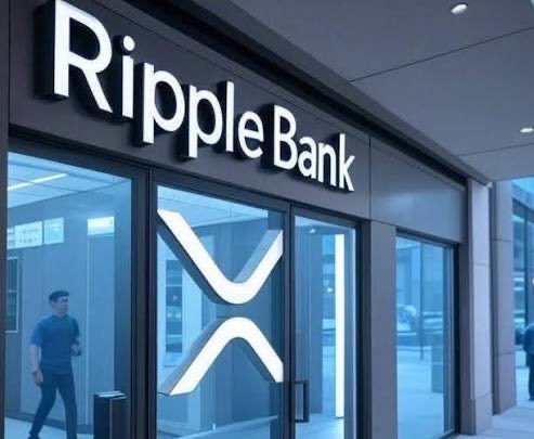 The image shows a modern storefront with "Ripple Bank" signage above the entrance, featuring the Ripple "X" logo prominently displayed on the glass door alongside a passerby on the sidewalk. The caption alludes to Ripple potentially launching a banking service, suggesting this could be a visual representation or concept image of a future Ripple Bank location where XRP holders could earn daily yield through Xora Finance's on-chain custody platform.