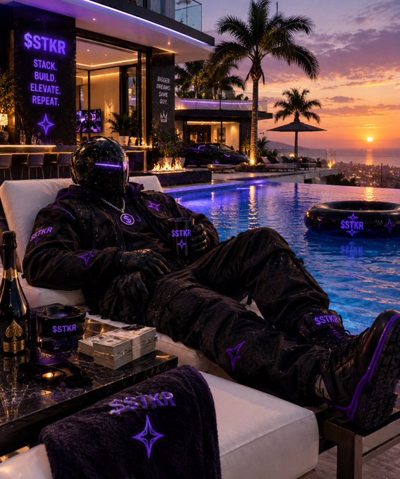 A digitally rendered scene of a figure in black tactical gear with a helmet reclining by a pool at sunset, with purple '$STKR' logos displayed throughout.