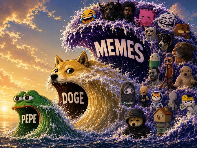 A vibrant illustration of a wave featuring internet meme characters including a Shiba Inu dog labeled 'DOGE', a frog labeled 'PEPE', and the word 'MEMES' surrounded by various popular meme figures.