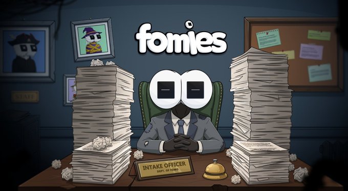 The image is a promotional graphic for "Fomies" NFTs, depicting a cartoonish intake officer (Dept. of FOMO) seated at a desk flanked by towering stacks of paperwork. The accompanying post describes it as a tutorial for accessing the Fomies application at fomies.family, where users click a door, ring the bell on the desk, and follow the reception dialogue to participate.
