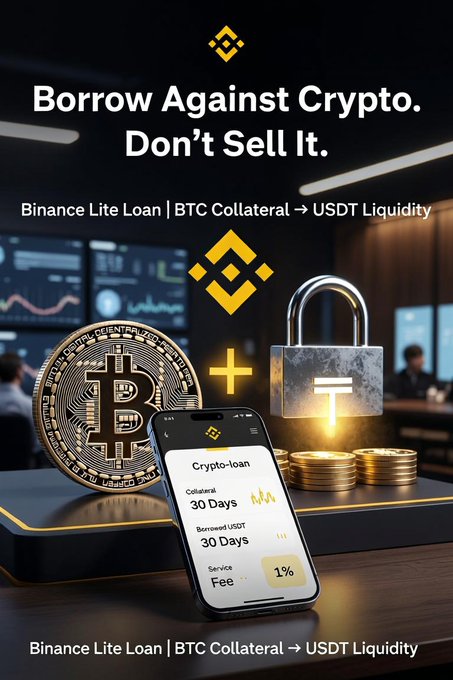 The image is a promotional graphic for Binance Lite Loan with the headline "Borrow Against Crypto. Don't Sell It." It depicts a smartphone displaying loan details—30 Days collateral period, 30 Days borrowed USDT, and a 1% service fee—alongside a physical Bitcoin coin and a padlock emitting a glowing Tether (USDT) symbol, visually reinforcing the post's message of using crypto as collateral to borrow USDT rather than selling the underlying asset.