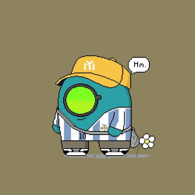 An Among Us crewmate character wearing a yellow NY Yankees cap, a Yankees pinstripe jersey with the number 10, and a blue visor, with a speech bubble saying 'Hm.' while standing next to a small flower.
