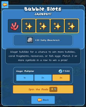 A 'Bubble Slots' mini-game screen with a JACKPOT display showing matching star symbols, offering rewards like 'x3 Salty Beachback', with a wager multiplier set at 3x costing 7,500 currency.