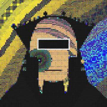 A pixel art/glitch style image showing what appears to be a character with dark hair and a black rectangle obscuring the eyes, against a yellow and blue background with corrupted visual effects.