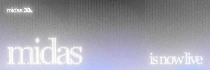A minimalist promotional banner on a light gradient background reading 'midas' in large serif type with 'midas is now live' in the upper right corner.