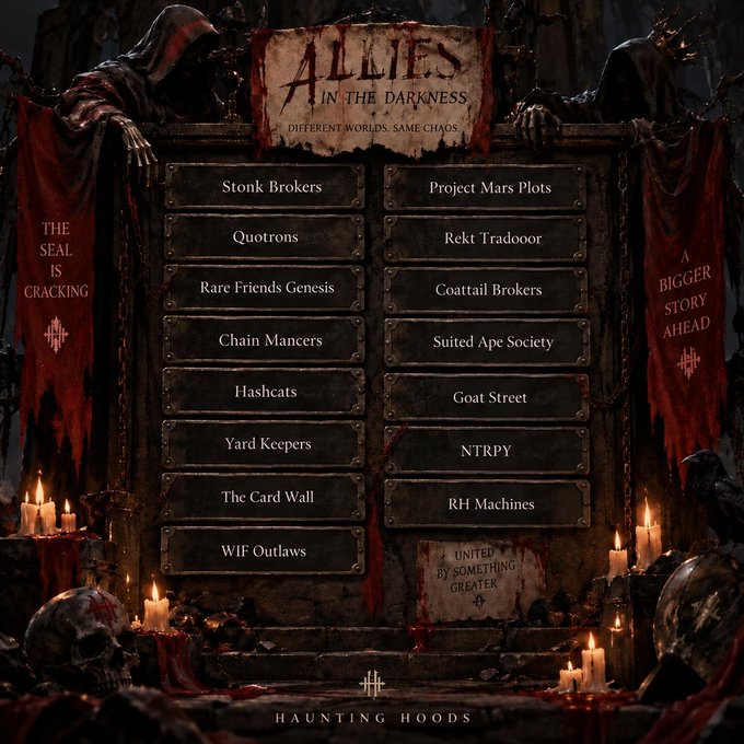 A gothic-themed promotional graphic for "ALLIES IN THE DARKNESS" by HAUNTING HOODS displays a dark altar listing 15 NFT communities—Stonk Brokers, Quotrons, Rare Friends Genesis, Chain Mancers, Hashcats, Yard Keepers, The Card Wall, WiF Outlaws, Project Mars Plots, Rekt Tradooor, Coattail Brokers, Suited Ape Society, Goat Street, NTRPY, and RH Machines—flanked by ominous banners reading "THE SEAL IS CRACKING" and "A BIGGER STORY AHEAD." The image reinforces the post's announcement of a final OpenSea checker tool, where eligible Robinhood communities can verify whitelist status for an upcoming FCFS minting phase, with OG PASS holders receiving three free mints.