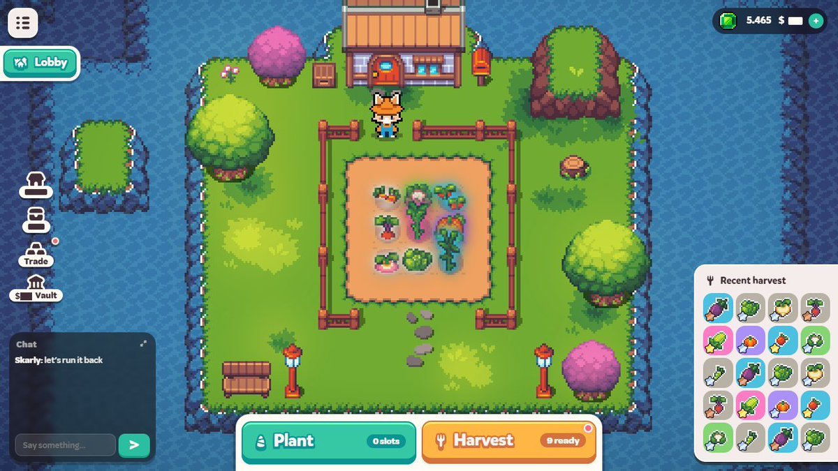 A pixel art farming game screenshot showing a character near a fenced garden with plants, a house, and UI buttons including 'Plant', 'Harvest', and a 'Recent harvest' panel.