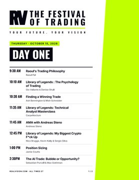 The image is a schedule for "RV The Festival of Trading" Day One on Thursday, October 15, 2020, featuring speakers like Raoul Pal, Tom Keene, and Andras Stono on topics ranging from trading philosophy to crypto's biggest pitfalls. It promotes a free live workshop with Raoul Pal, aligning with the post about his trading philosophy session at the Real Vision event.