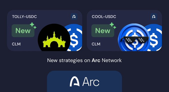 A promotional graphic announcing 'New strategies on Arc Network' featuring two tokens labeled 'TOLLY-USDC' and 'COOL-USDC', each marked 'New' and 'CLM' with the Arc logo at the bottom.