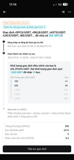 A Vietnamese-language mobile app screen displaying a cryptocurrency spot trading event for 'rSPCX' with details including a trading volume of 656.393% and a reward of 1,000 USDT for 10 winners.