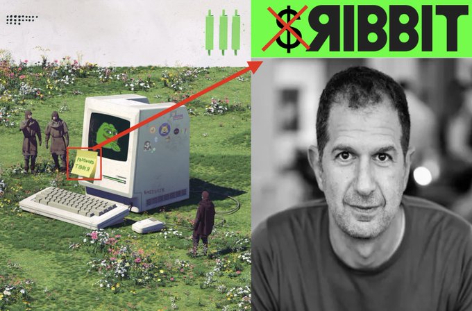 Meme featuring an image of an old Apple computer in a grassy field with hooded figures, contrasted with a black-and-white photo of a man labeled 'ЯIBVIT' with a crossed-out dollar sign.