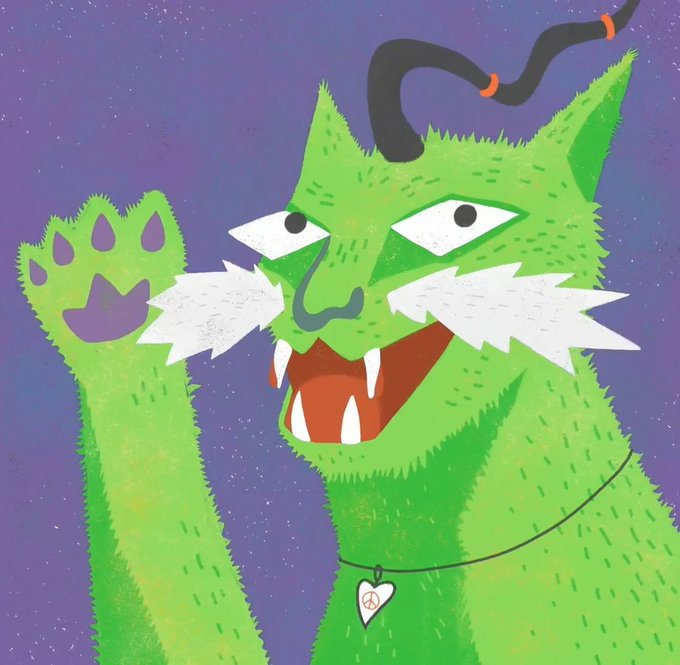 A digital illustration of a green cat-like creature with a black snake on its head, sharp fangs, white whiskers, and a peace sign necklace, waving against a purple background.