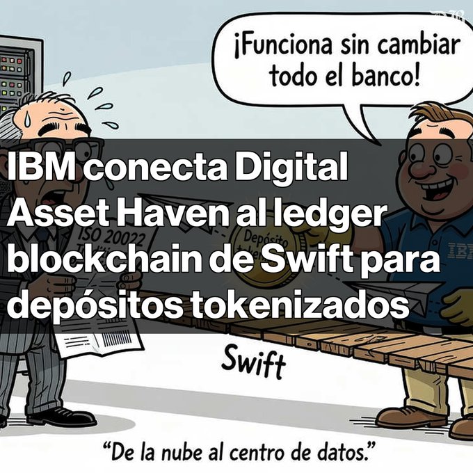 A cartoon illustration with Spanish text 'IBM conecta Digital Asset Haven al ledger blockchain de Swift para depósitos tokenizados' showing two characters with a speech bubble saying '¡Funciona sin cambiar todo el banco!' and labels 'ISO 20022', 'Swift', and 'De la nube al centro de datos.'